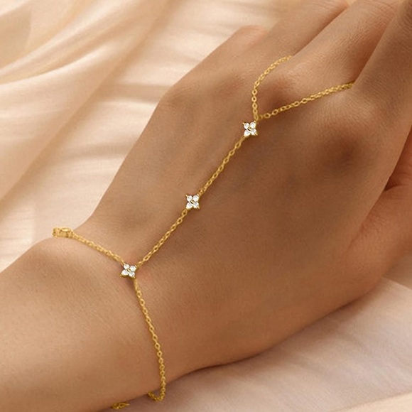 925 Sterling Silver Gold Plated Dainty Gold Hand Chain Bracelet - Picture 2 of 5